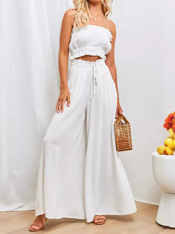 High Waisted Loose Drawstring Elasticity Pleated Pockets Solid Color Pants Trousers - Image 9