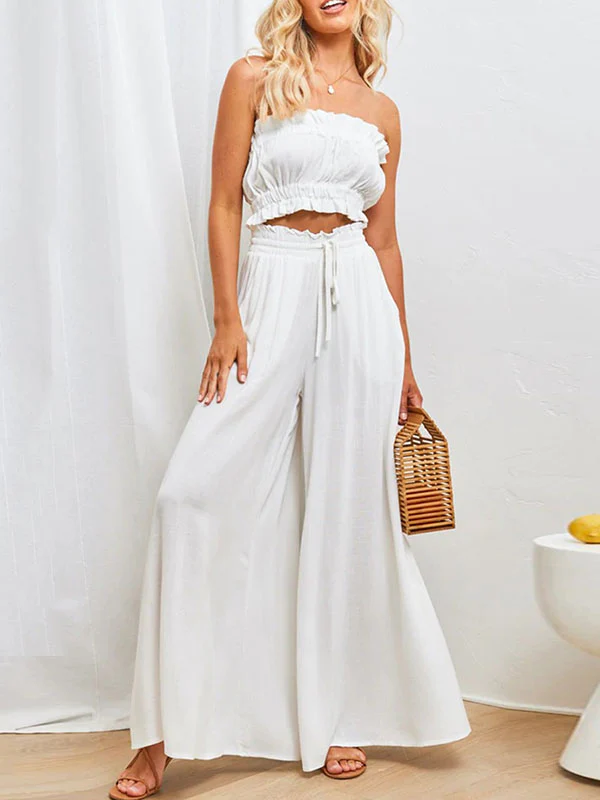 High Waisted Loose Drawstring Elasticity Pockets Solid Color Pants Trousers - Image 10