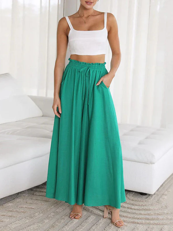 High Waisted Loose Drawstring Elasticity Pockets Solid Color Pants Trousers - Image 11