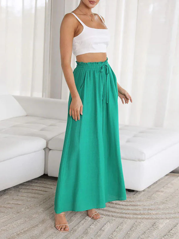 High Waisted Loose Drawstring Elasticity Pockets Solid Color Pants Trousers - Image 12