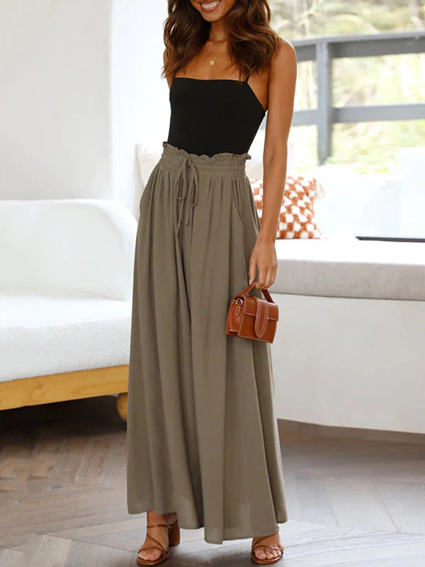 High Waisted Loose Drawstring Elasticity Pockets Solid Color Pants Trousers - Image 17