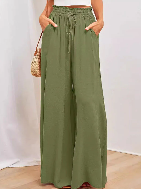 High Waisted Loose Drawstring Elasticity Pockets Solid Color Pants Trousers - Image 2