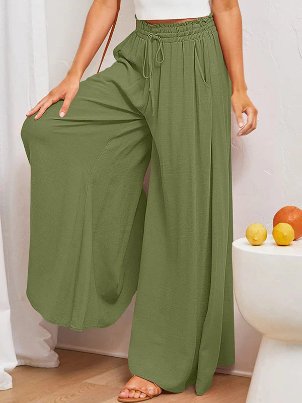 High Waisted Loose Drawstring Elasticity Pockets Solid Color Pants Trousers - Image 21