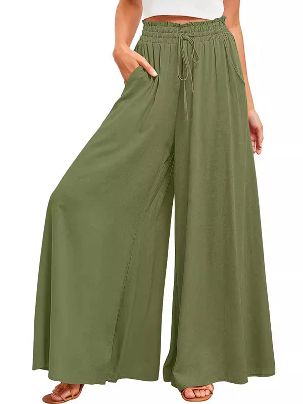 High Waisted Loose Drawstring Elasticity Pockets Solid Color Pants Trousers - Image 22