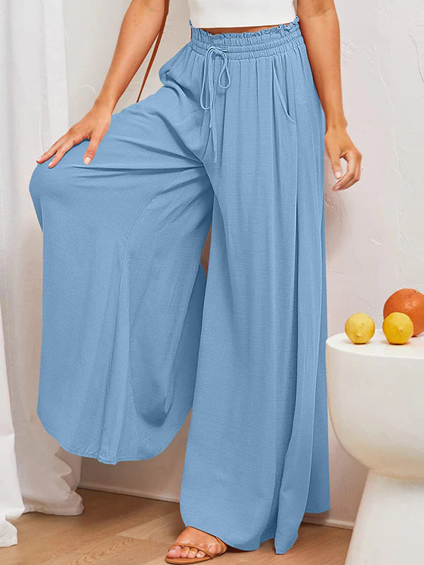 High Waisted Loose Drawstring Elasticity Pockets Solid Color Pants Trousers - Image 24