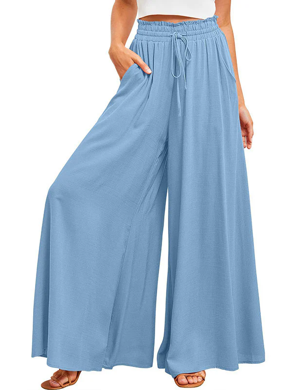 High Waisted Loose Drawstring Elasticity Pockets Solid Color Pants Trousers - Image 25