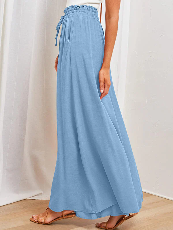 High Waisted Loose Drawstring Elasticity Pockets Solid Color Pants Trousers - Image 26
