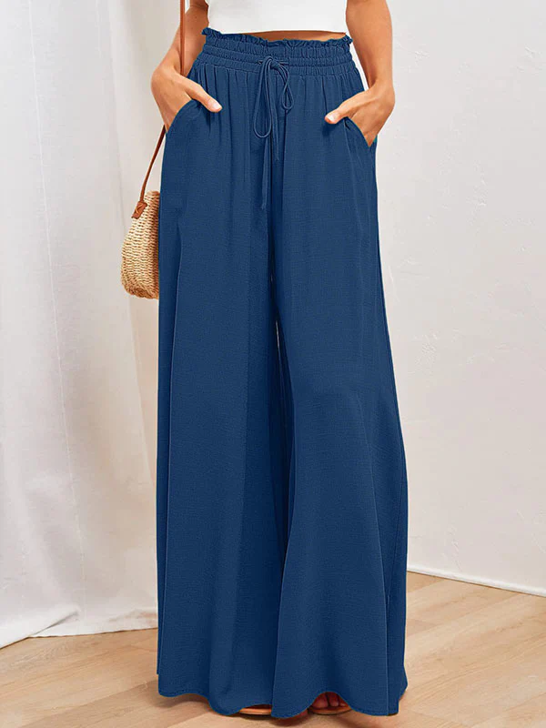High Waisted Loose Drawstring Elasticity Pockets Solid Color Pants Trousers - Image 3