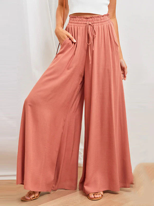 High Waisted Loose Drawstring Elasticity Pockets Solid Color Pants Trousers - Image 4