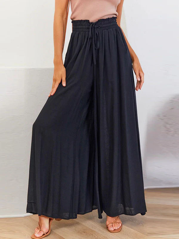 High Waisted Loose Drawstring Elasticity Pockets Solid Color Pants Trousers - Image 5