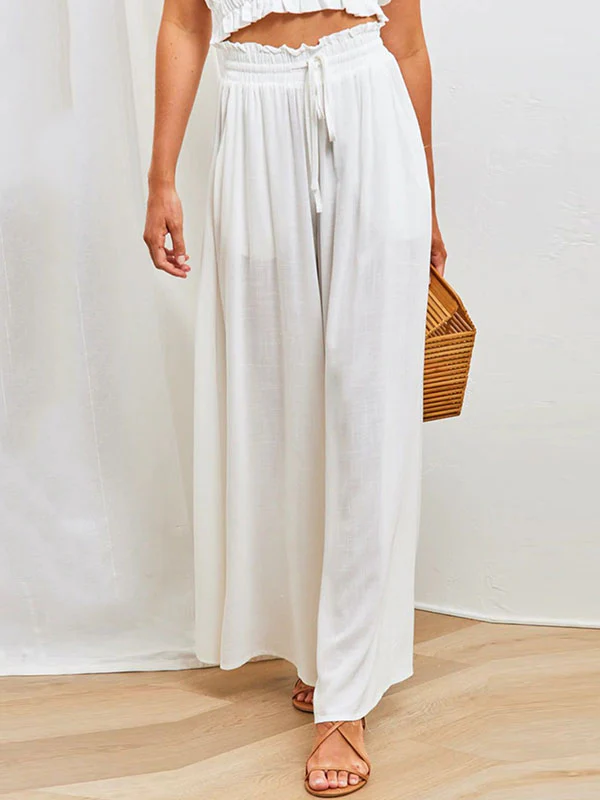 High Waisted Loose Drawstring Elasticity Pockets Solid Color Pants Trousers - Image 6