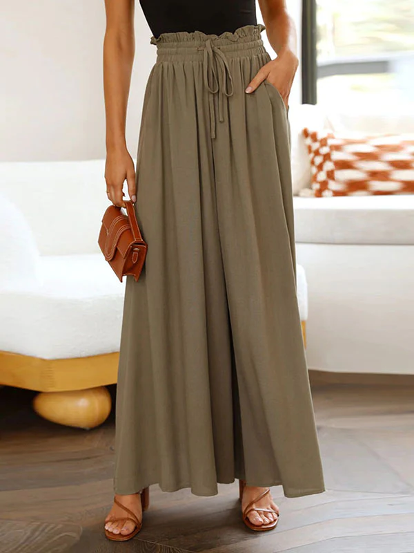 High Waisted Loose Drawstring Elasticity Pockets Solid Color Pants Trousers - Image 7