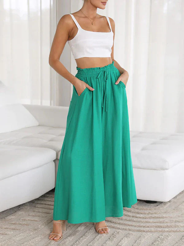 High Waisted Loose Drawstring Elasticity Pockets Solid Color Pants Trousers - Image 8