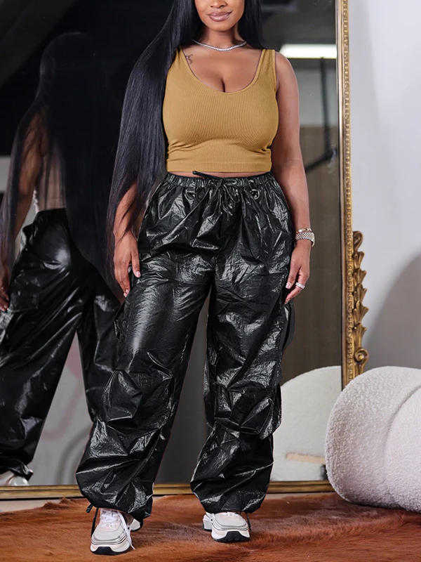 High Waisted Loose Drawstring Elasticity Pockets Split-Joint Pants Trousers - Image 2