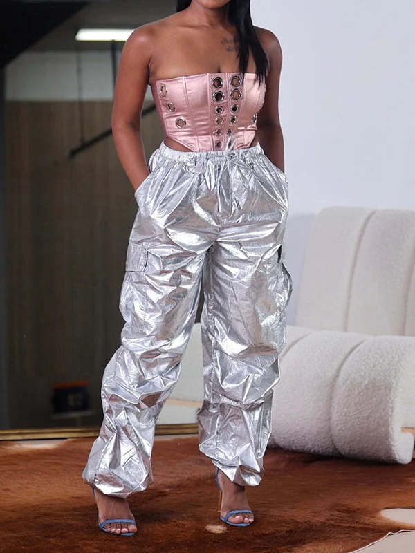 High Waisted Loose Drawstring Elasticity Pockets Split-Joint Pants Trousers - Image 5