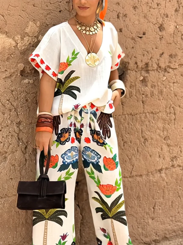 High Waisted Loose Drawstring Elasticity Printed Split-Joint Pants Trousers - Image 2