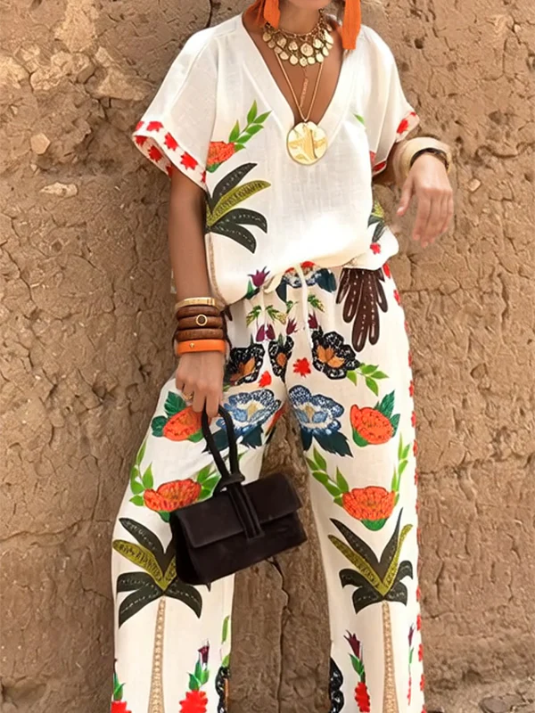 High Waisted Loose Drawstring Elasticity Printed Split-Joint Pants Trousers - Image 3
