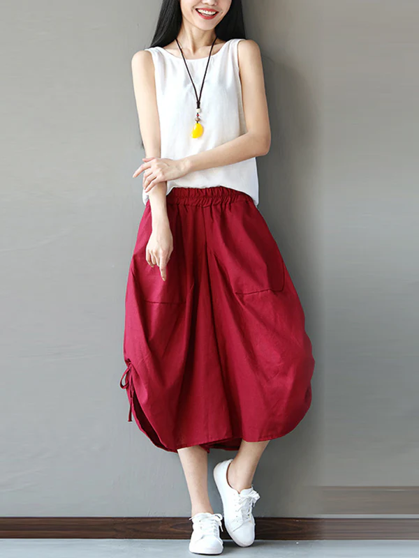High Waisted Loose Drawstring Elasticity Solid Color Split-Joint Cropped Trousers Pants - Image 2