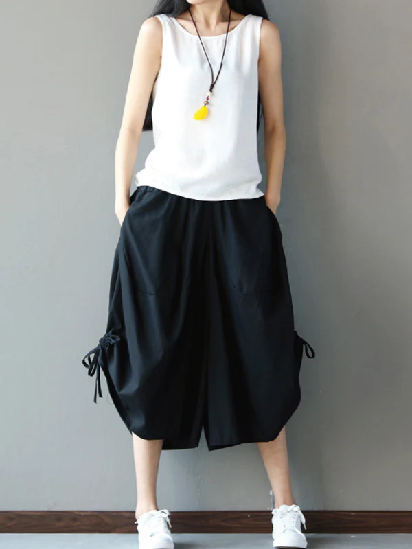 High Waisted Loose Drawstring Elasticity Solid Color Split-Joint Cropped Trousers Pants - Image 3