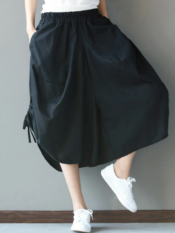 High Waisted Loose Drawstring Elasticity Solid Color Split-Joint Cropped Trousers Pants - Image 4