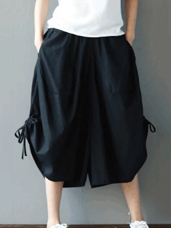 High Waisted Loose Drawstring Elasticity Solid Color Split-Joint Cropped Trousers Pants - Image 5