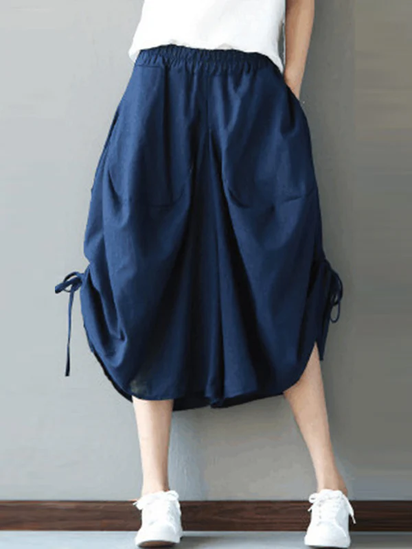 High Waisted Loose Drawstring Elasticity Solid Color Split-Joint Cropped Trousers Pants - Image 7