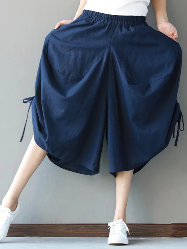 High Waisted Loose Drawstring Elasticity Solid Color Split-Joint Cropped Trousers Pants - Image 8