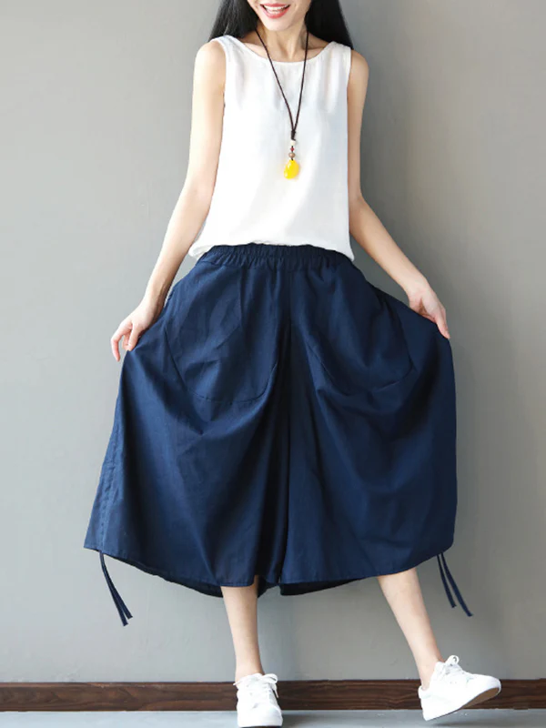 High Waisted Loose Drawstring Elasticity Solid Color Split-Joint Cropped Trousers Pants - Image 9