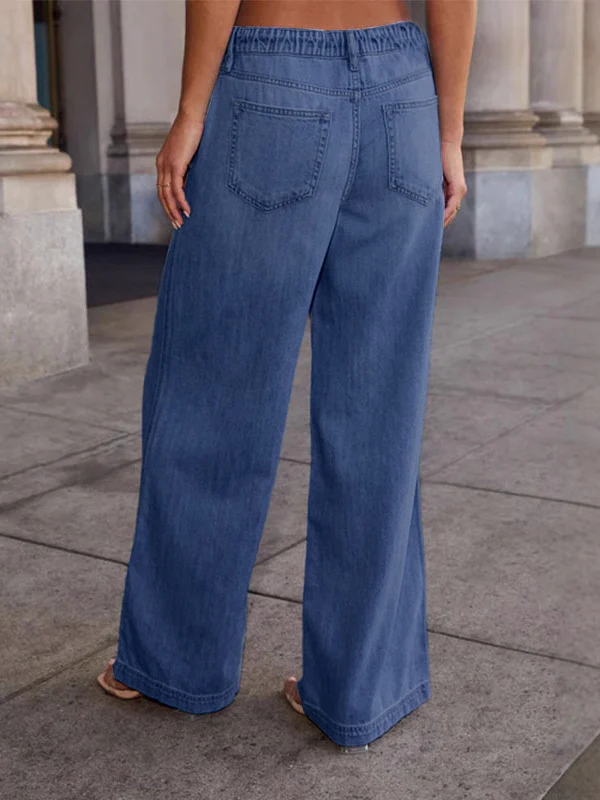 High Waisted Loose Drawstring Elasticity Split-Joint Jean Pants Bottoms - Image 2
