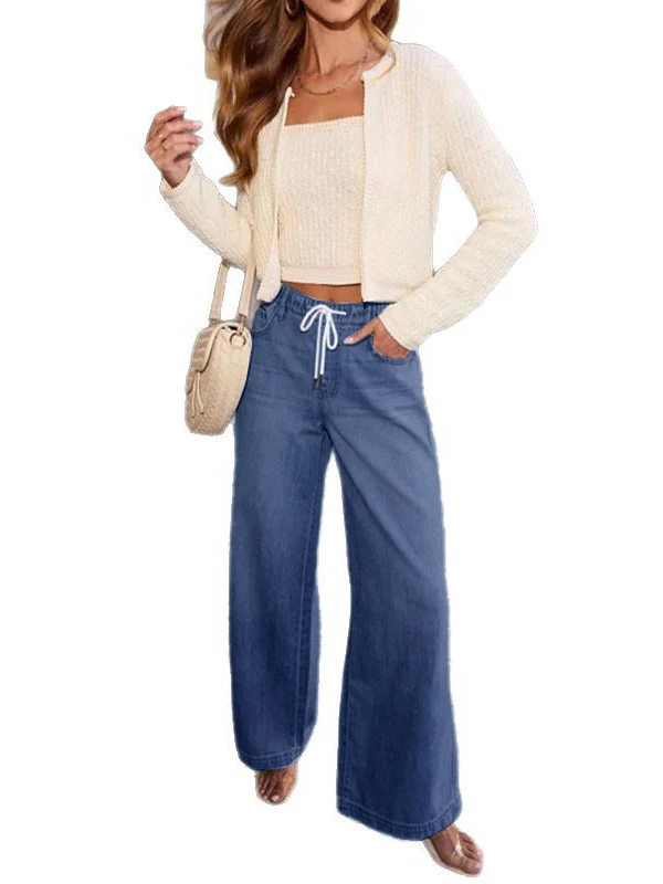 High Waisted Loose Drawstring Elasticity Split-Joint Jean Pants Bottoms - Image 4