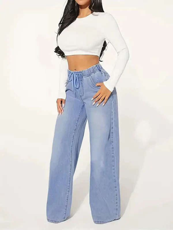 High Waisted Loose Drawstring Elasticity Split-Joint Jean Pants Bottoms - Image 2