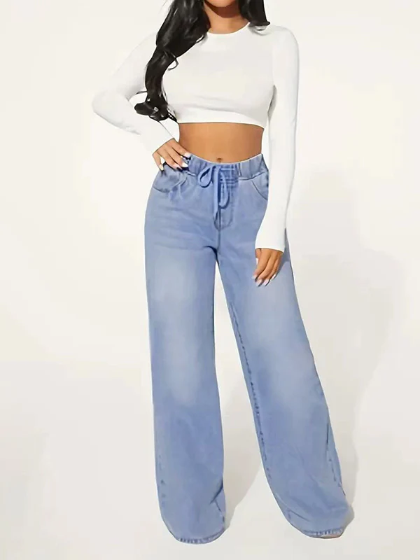 High Waisted Loose Drawstring Elasticity Split-Joint Jean Pants Bottoms - Image 3