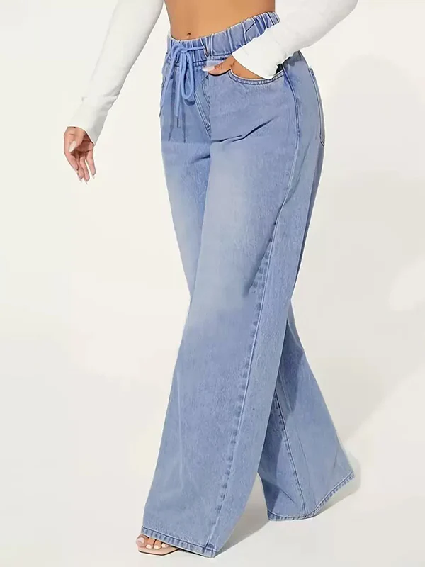 High Waisted Loose Drawstring Elasticity Split-Joint Jean Pants Bottoms - Image 4