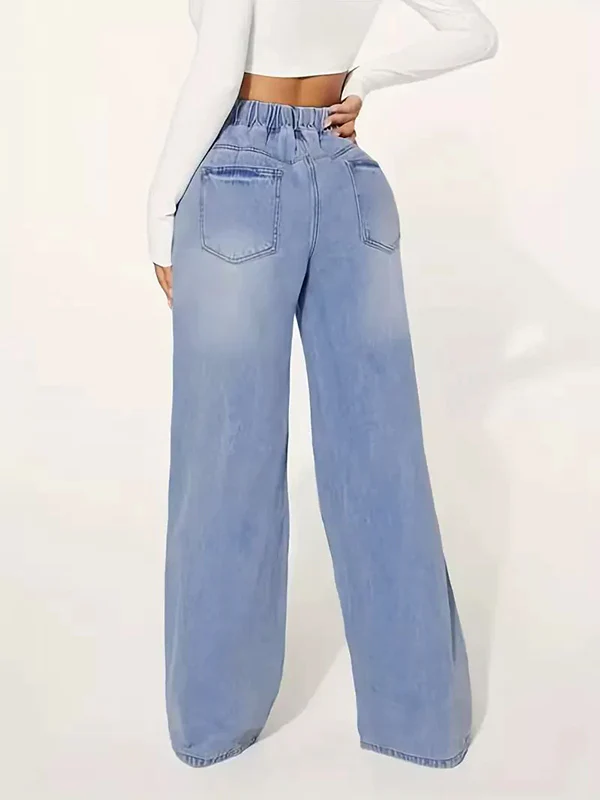 High Waisted Loose Drawstring Elasticity Split-Joint Jean Pants Bottoms - Image 5