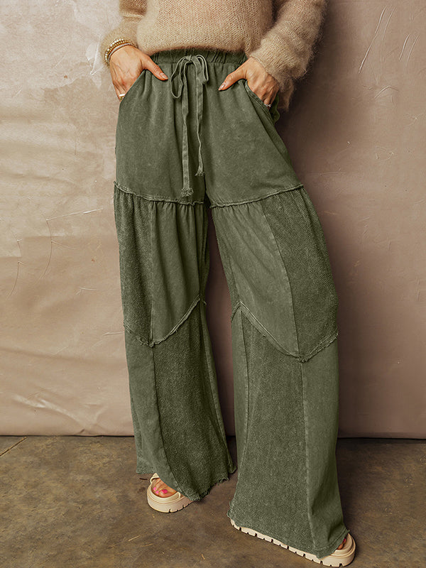 High Waisted Loose Drawstring Pleated Pockets Solid Color Split-Joint Pants Trousers - Image 2