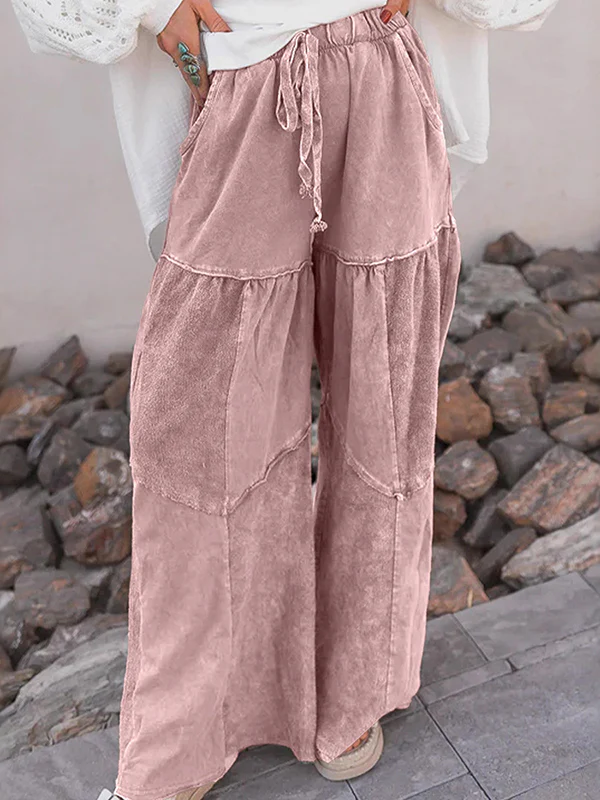 High Waisted Loose Drawstring Pleated Pockets Solid Color Split-Joint Pants Trousers - Image 3