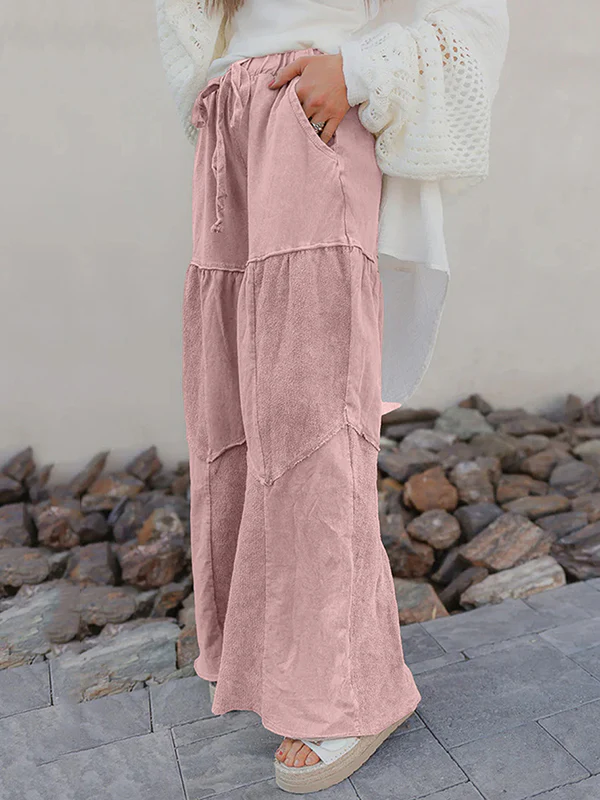 High Waisted Loose Drawstring Pleated Pockets Solid Color Split-Joint Pants Trousers - Image 4