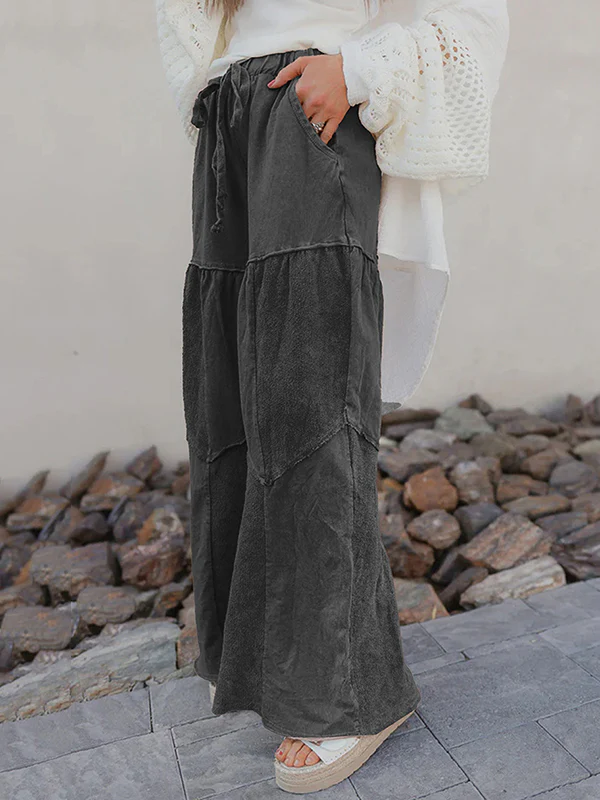 High Waisted Loose Drawstring Pleated Pockets Solid Color Split-Joint Pants Trousers - Image 6