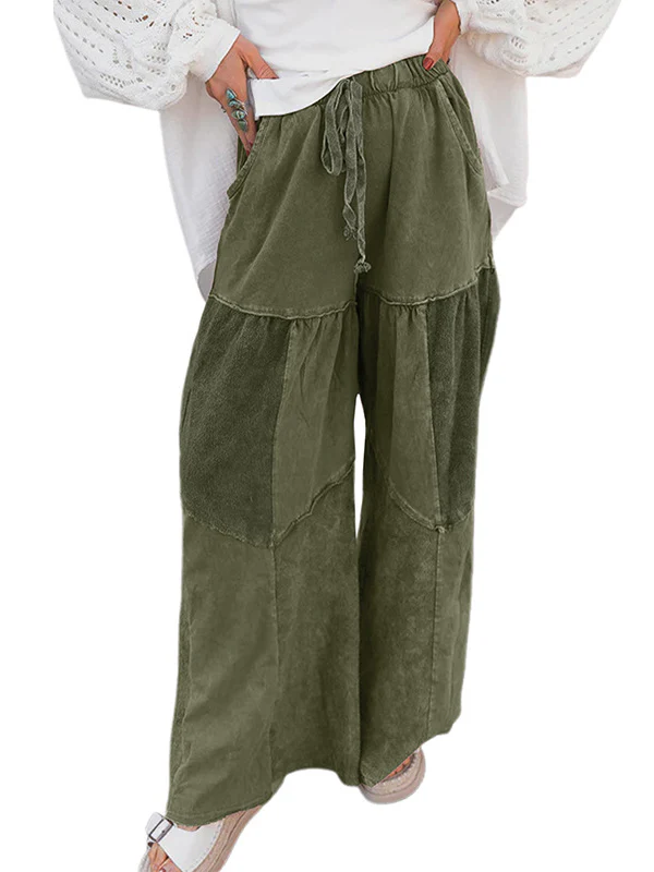High Waisted Loose Drawstring Pleated Pockets Solid Color Split-Joint Pants Trousers - Image 8