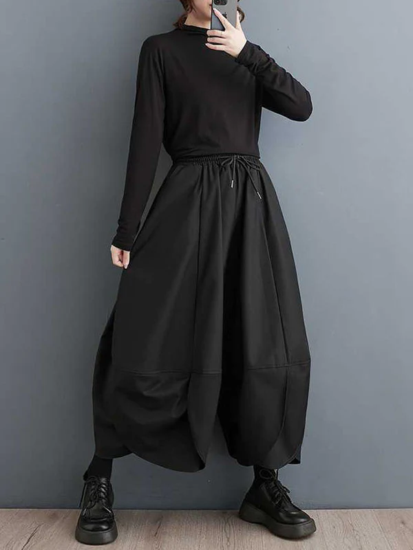 High Waisted Loose Drawstring Pleated Solid Color Pants Trousers - Image 5