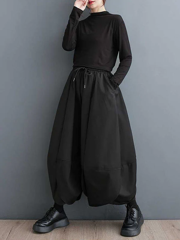 High Waisted Loose Drawstring Pleated Solid Color Pants Trousers - Image 6