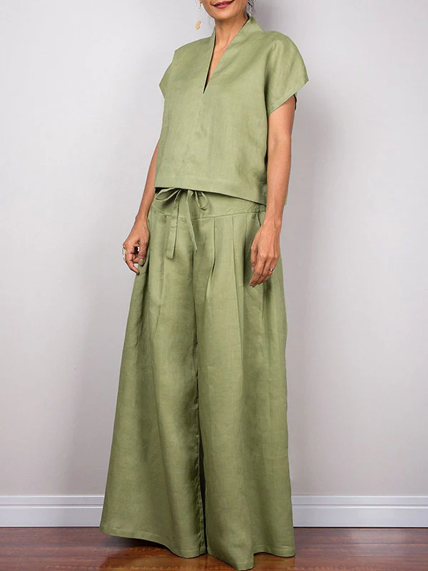 High Waisted Loose Drawstring Pleated Solid Color Split-Joint Pants Trousers - Image 2