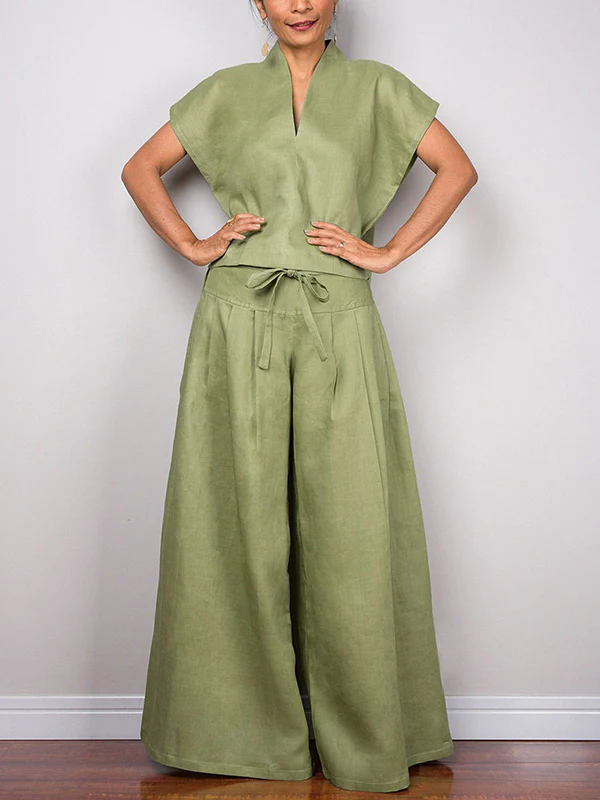 High Waisted Loose Drawstring Pleated Solid Color Split-Joint Pants Trousers - Image 3