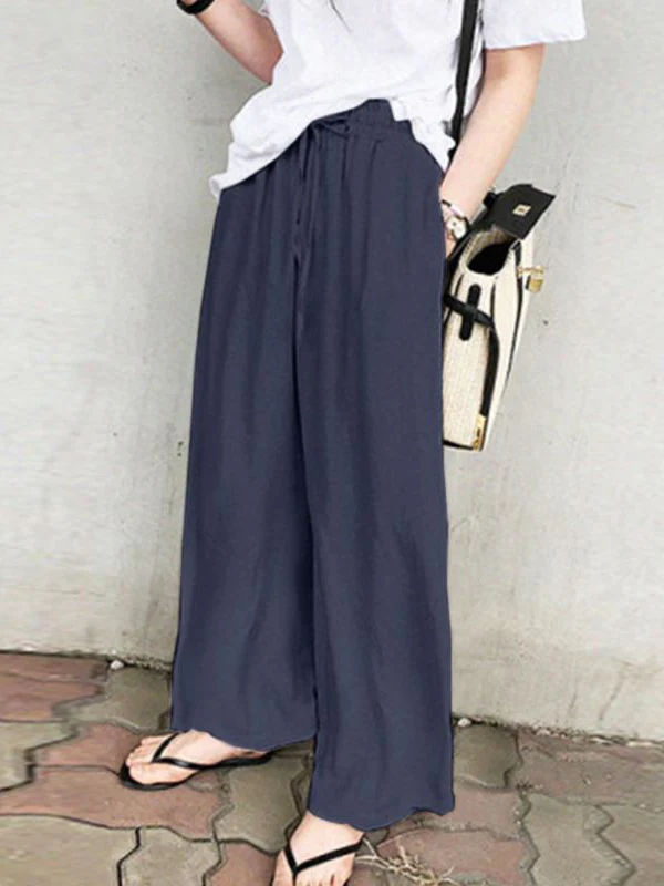 High Waisted Loose Drawstring Pockets Solid Color Pants Trousers - Image 10