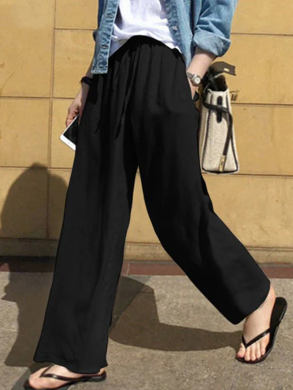 High Waisted Loose Drawstring Pockets Solid Color Pants Trousers - Image 11