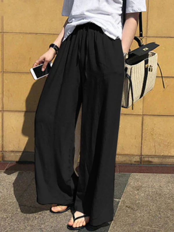 High Waisted Loose Drawstring Pockets Solid Color Pants Trousers - Image 12