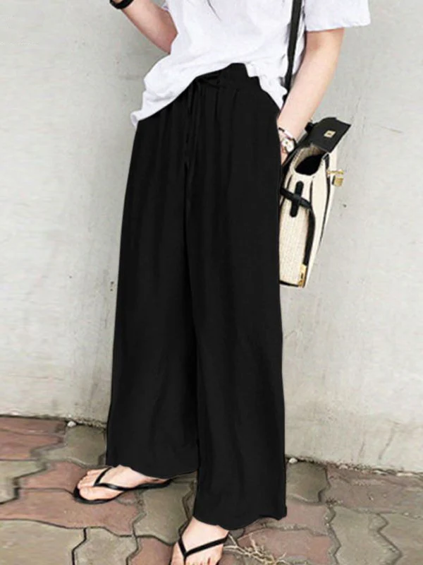 High Waisted Loose Drawstring Pockets Solid Color Pants Trousers - Image 13