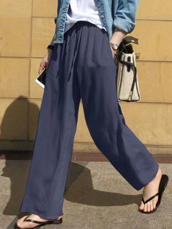 High Waisted Loose Drawstring Pockets Solid Color Pants Trousers - Image 2