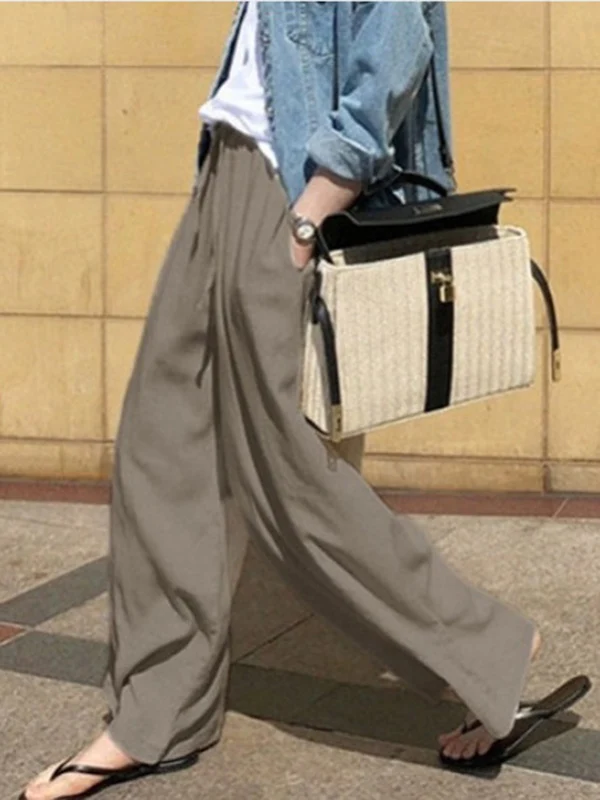 High Waisted Loose Drawstring Pockets Solid Color Pants Trousers - Image 4