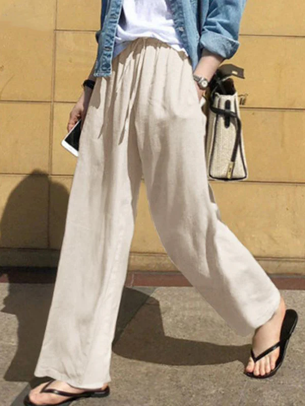 High Waisted Loose Drawstring Pockets Solid Color Pants Trousers - Image 5